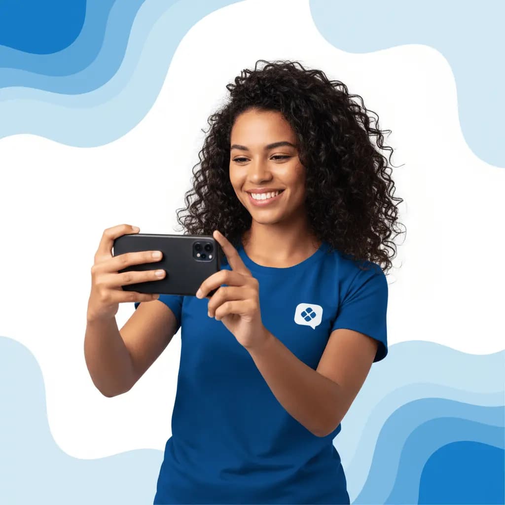 Profissional autônoma sorrindo enquanto segura um smartphone com o painel do LembraPix aberto