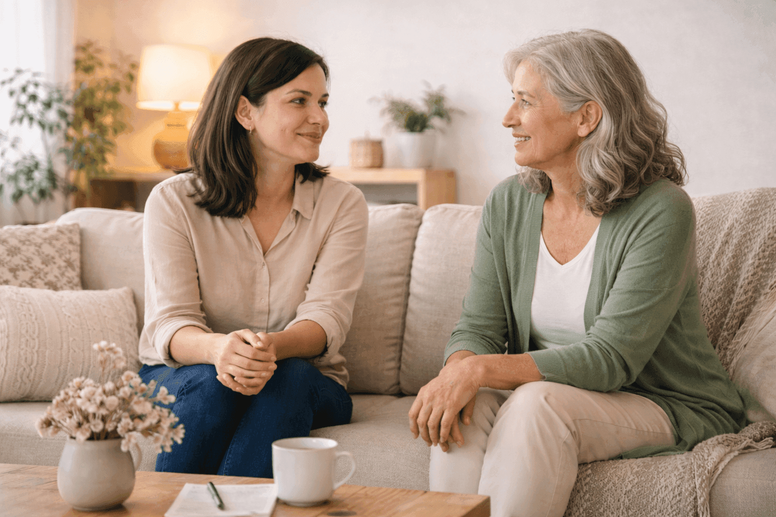 Duas mulheres adultas de gerações diferentes sentadas em um sofá em sala de estar aconchegante, conversando com expressões serenas, luz natural suave e ambiente acolhedor que transmite confiança, diálogo e tranquilidade.