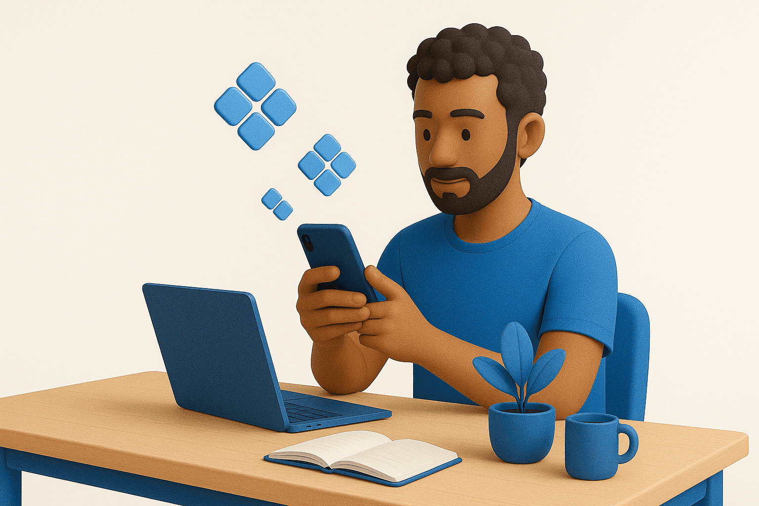 Ilustração 3D em estilo flat mostrando um freelancer brasileiro olhando o celular com ícones do Pix flutuando ao redor.