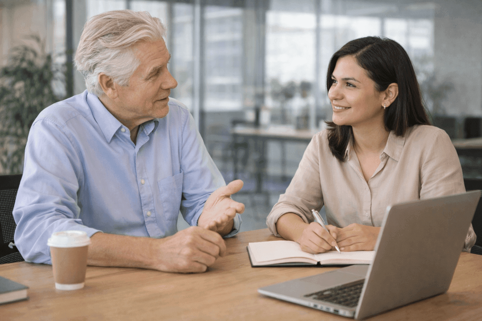 Mentor mais velho conversando com mentora jovem em mesa de reunião informal em escritório moderno, ambos com roupas casuais profissionais, luz natural abundante e clima de orientação, confiança e crescimento profissional.