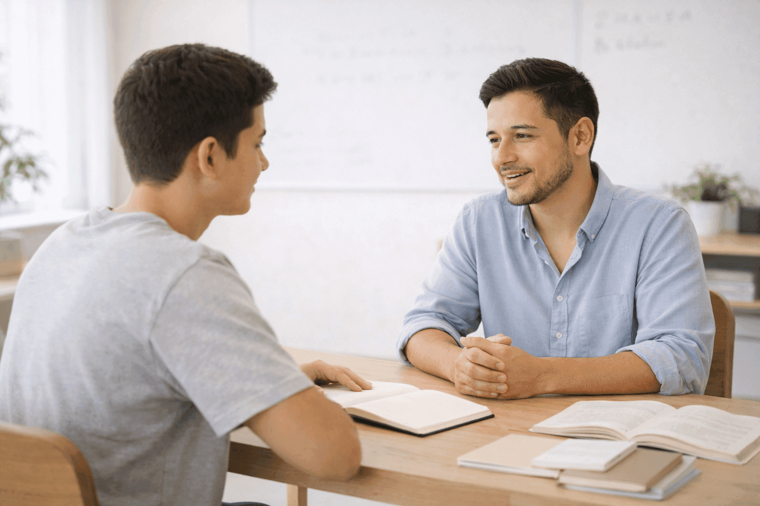 Professor particular conversando com aluno em sala de aula simples e bem iluminada, mesa com livros e cadernos, atmosfera tranquila, profissional e focada no aprendizado.