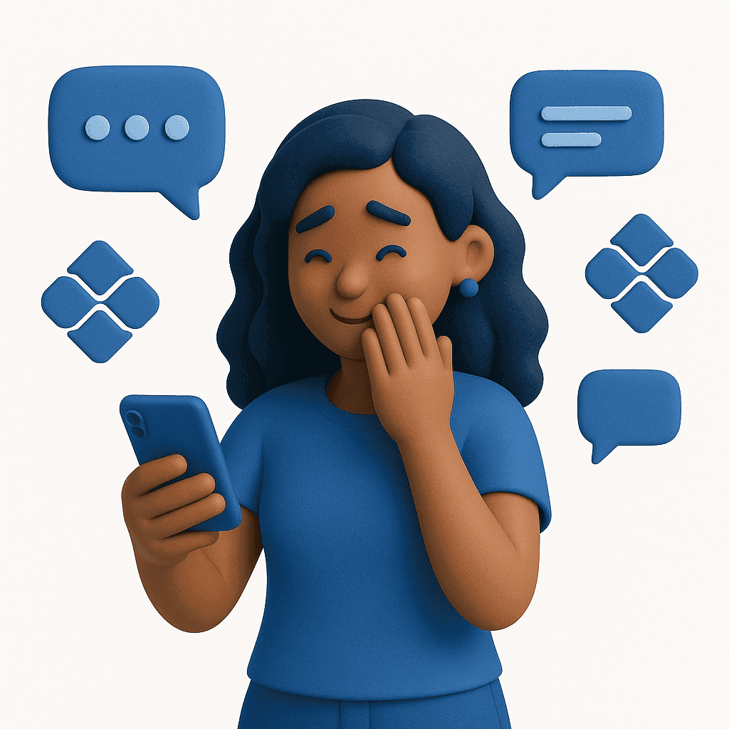 Mulher brasileira sorrindo, envergonhada, olhando o celular com ícones de Pix e balões de conversa flutuando ao redor.